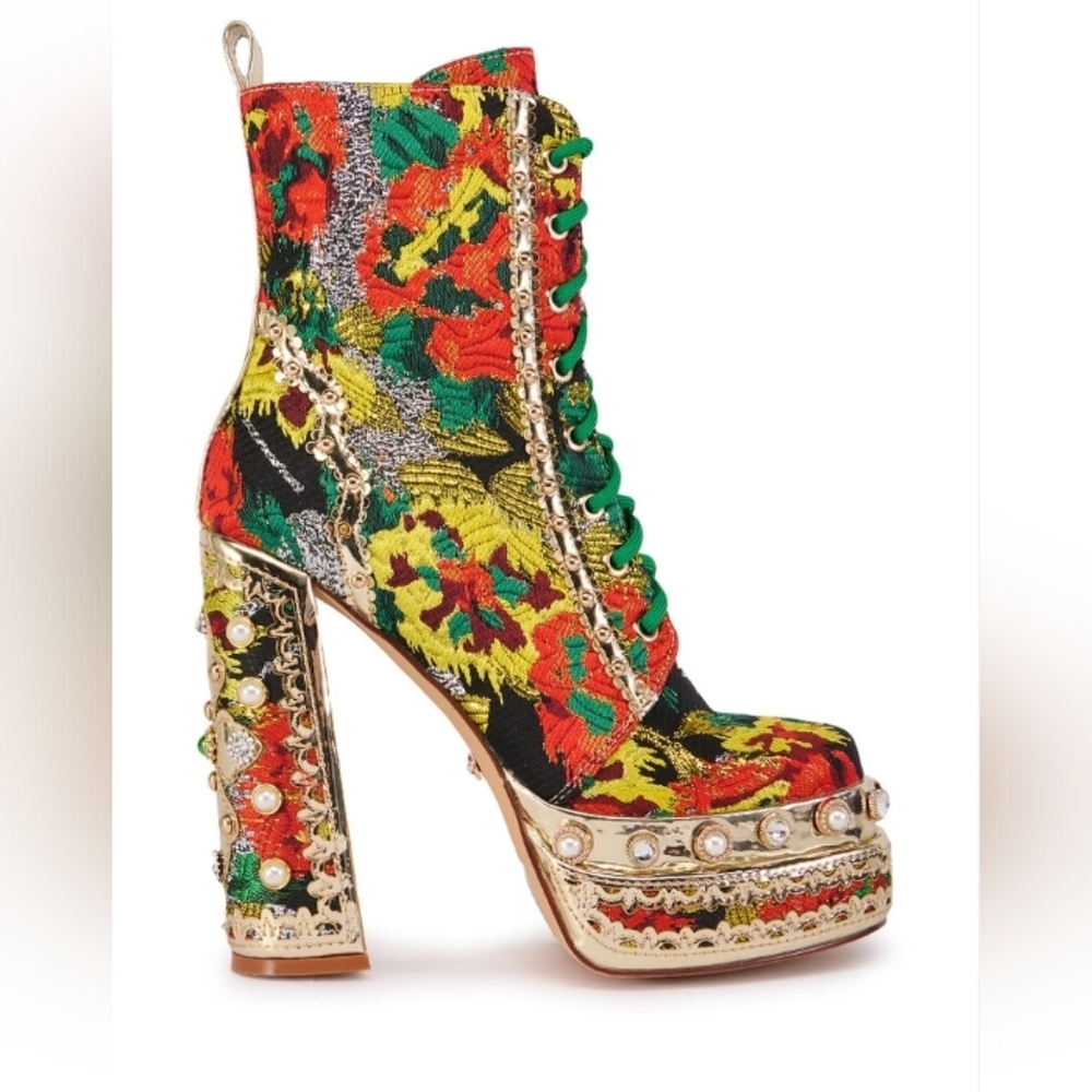 AZALEA WANG "Autumn Barque Blaze" Vibrant Floral High Heel Ankle Boots - Picture 2 of 5